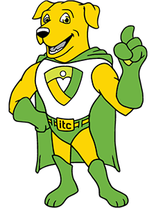 Doc the Dog mascot as a superhero.